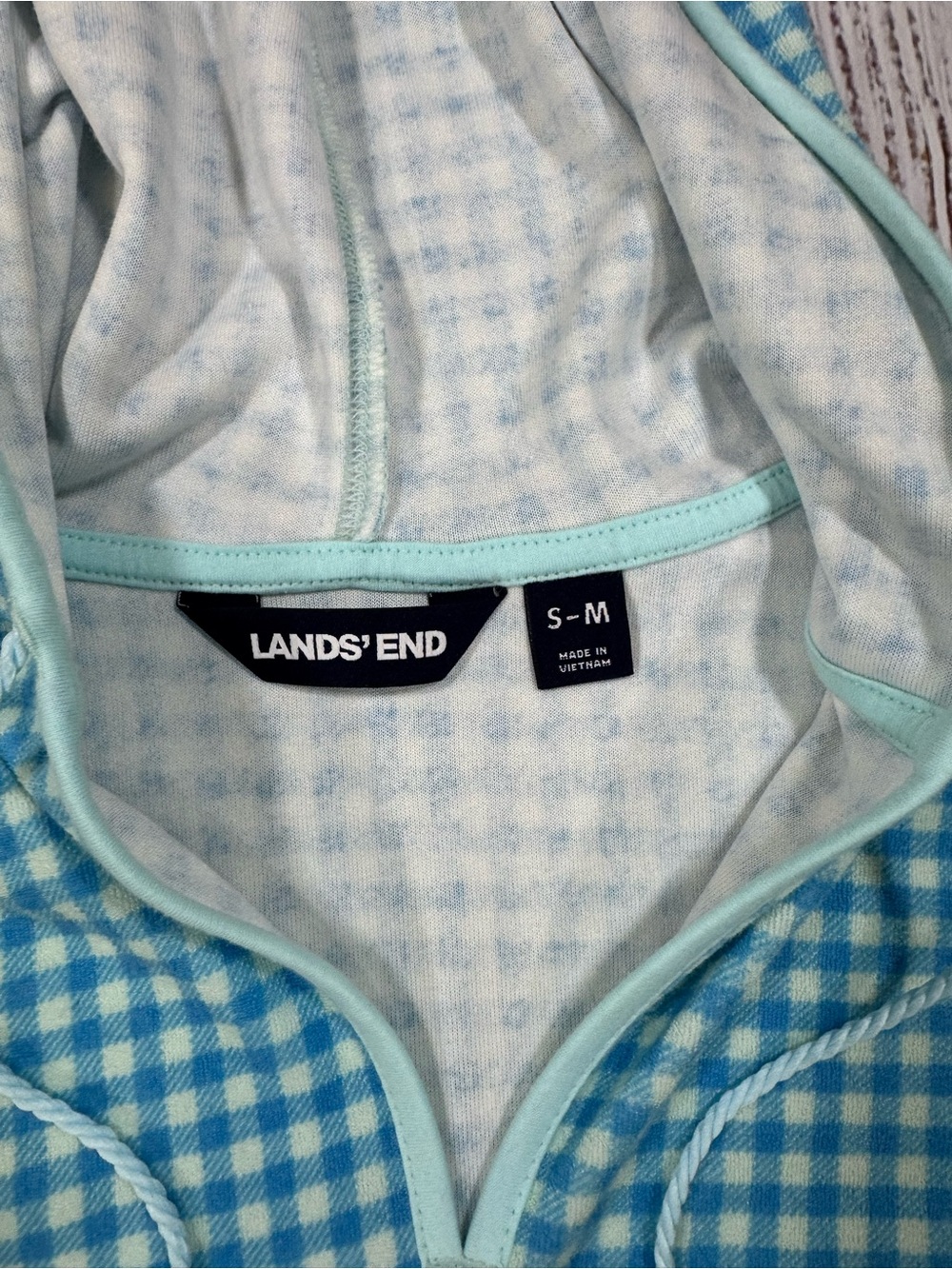Lands' End Light Blue and White Gingham Hooded Poncho - Picture 2 of 3